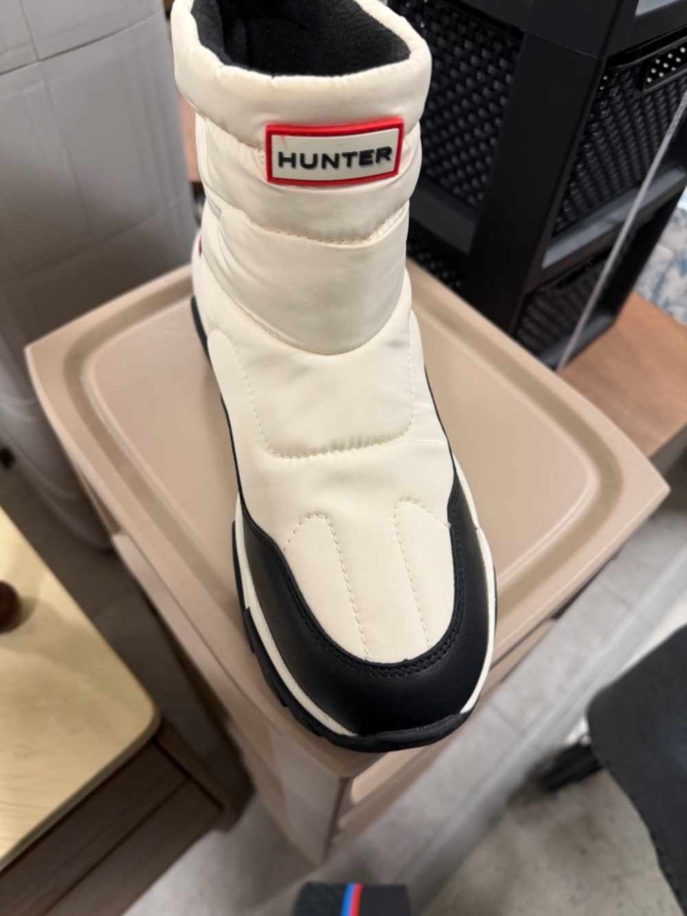 Hunter Cream and Black Quilted Slip-On Boot with Red Logo